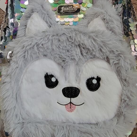 Justice Husky Mini Backpack Silver Sequin Plush Pom Pom Double Handle Gift Dog - Picture 3 of 9
